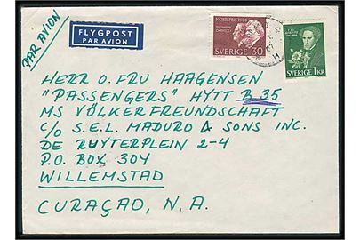 30 öre Nobel og 1 kr. Almqvist på luftpostbrev fra Malmö 1967 til passager ombord på M/S Völkerfreundschaft, Willemstad, Curacao, Vestindien. Ank.stemplet d. 13.1.1967.