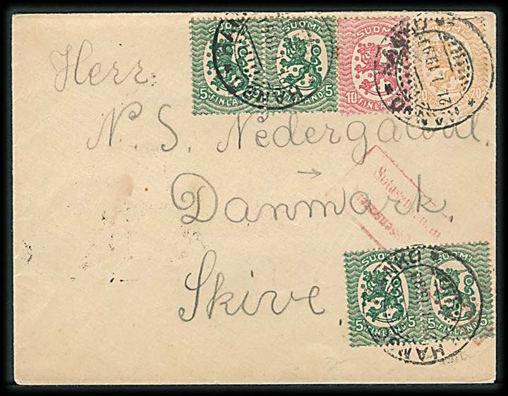 5 pen. (4), 10 pen. og 20 pen Løve på brev fra Hangö d. 21.1.1919 til Skive, Danmark. Finsk 2-sproget censur.