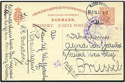 10 øre rød Chr. X helsag fra København d. 12.10.1916 til Brüssel, Belgien. Tysk censur.