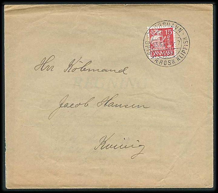 15 øre Karavel på brev annulleret med klipfiskstempel Thorshavn d. 23.3.1939 til Kvivig.