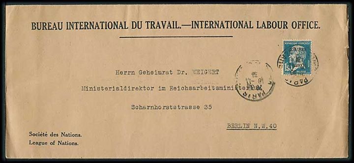 1,50 fr. Congres de B.I.T. 1930 provisorium på Folkeforbundet tjenestekuvert fra Paris d. 16.11.1931 til Berlin, Tyskland.