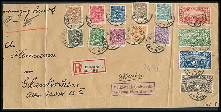 Komplet sæt Fælles udg. på stort anbefalet brev fra Flensburg d. 14.4.1920 til Gelsenkirchen, Tyskland.