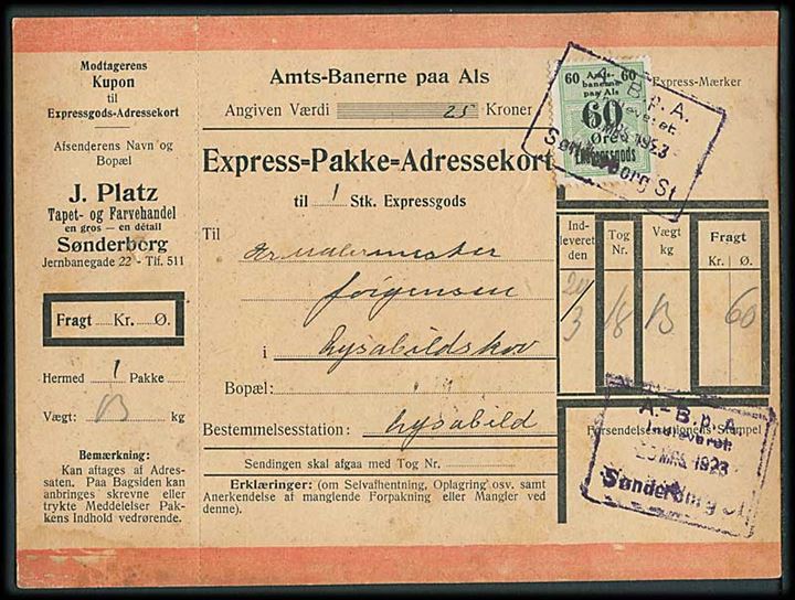 Amts-Banerne paa Als 60 øre Ekspressgods mærke på Ekspress-Pakke-Adressekort fra Sønderborg St. d. 20.3.1923 til Lysabild.