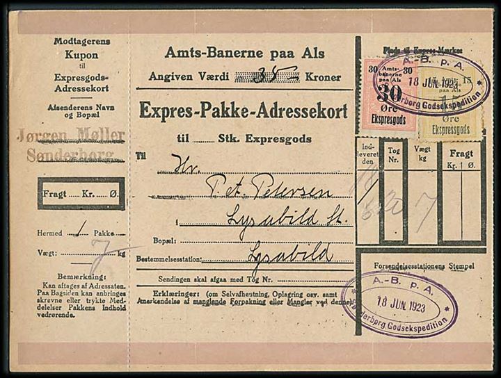 Amts-Banerne paa Als 15 øre og 30 øre Ekspressgods mærke på Ekspress-Pakke-Adressekort fra Sønderborg Godsekspedition d. 18.6.1923 til Lysabild.
