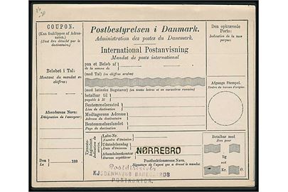 International Postanvisning formular fra 1880'erne. Ubrugt. Liniestempel Nørrebro og Postdistrikt Kjøbenhavns Banegaards Postkontor.