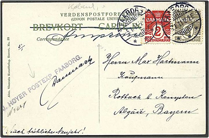 2 og 3 øre Bølgelinie på brevkort fra Faaborg d. 5.1.1911 til Bayern, Tyskland. Interessant liniestempel: “J. Høyer Postexp Faaborg”