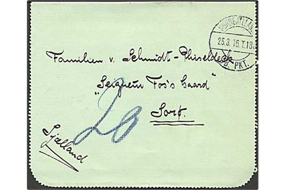 Ufrankeret privat korrespondancekort fra Jelling annulleret med brotype  IIe Nørrejyllands Jb. Pkt. T.188 d. 25.3.1916 til Sorø. Udtakseret i 20 øre porto. Reserve-stempel (R.3) anvendt på Vejle-Herning ruten 1914-19.