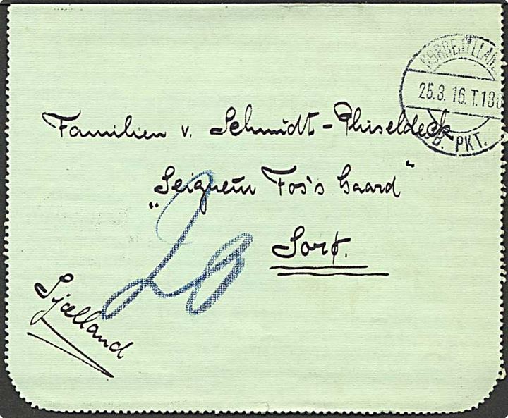 Ufrankeret privat korrespondancekort fra Jelling annulleret med brotype  IIe Nørrejyllands Jb. Pkt. T.188 d. 25.3.1916 til Sorø. Udtakseret i 20 øre porto. Reserve-stempel (R.3) anvendt på Vejle-Herning ruten 1914-19.