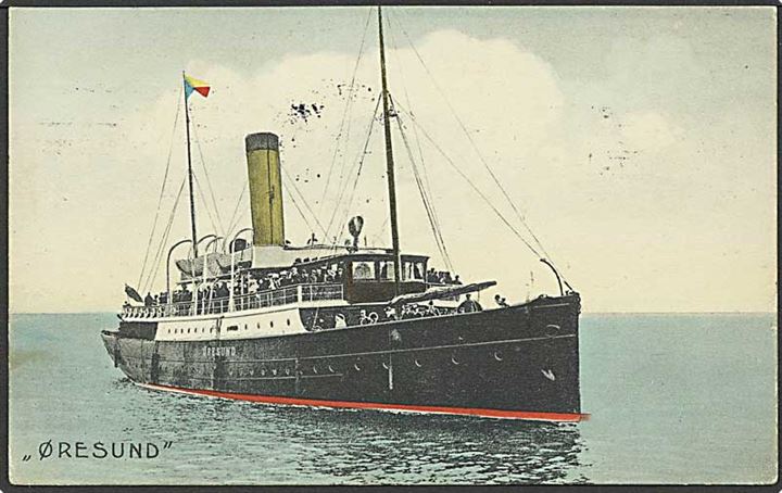 5 øre Fr. VIII på brevkort (Dampskibet “Øresund”) annulleret med forsøgs-maskinstempel Kjøbenhavn KKB d. 9.5.1912. Flot eksempel fra 1. periode med Universal stempelmaskinen (24/4-6/6 1912).