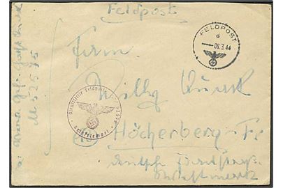 Ufrankeret tysk feltpostbrev med indhold stemplet Feldpost 6.3.1944 til Höcherberg, Tyskland. Fra Feldpost Nr. M52575 = 12. U-Jagd-Flottille, U.J. 1219 stationeret i Norge. Flot briefstempel. 