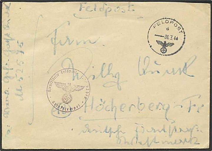 Ufrankeret tysk feltpostbrev med indhold stemplet Feldpost 6.3.1944 til Höcherberg, Tyskland. Fra Feldpost Nr. M52575 = 12. U-Jagd-Flottille, U.J. 1219 stationeret i Norge. Flot briefstempel. 