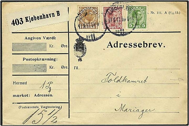 1,55 kr. Chr. X porto på adressebrev fra København d. 17.3.1917 til Mariager. Mærkat fra Toldrevisionsdepartementet på bagsiden af kuverten..