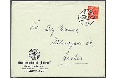 15 øre Karavel på brev annulleret med brotype Vd stempel Haderslev B. d. 26.10.1932 til Aarhus.