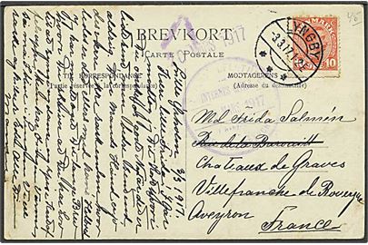 10 øre Chr. X på brevkort fra Lyngby d. 3.3.1917 til Villefrance, Frankrig. Violet civil interneret censur-stempel fra Villefrance. Usædvanlig.