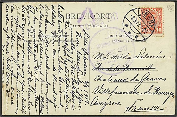 10 øre Chr. X på brevkort fra Lyngby d. 3.3.1917 til Villefrance, Frankrig. Violet civil interneret censur-stempel fra Villefrance. Usædvanlig.