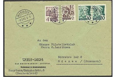 Fransk Zone - Baden udg. på brev fra Konstanz annulleret med dansk stempel Mariager d. 9.3.1949 til Odense. På bagsiden påskrevet: “Indgået vedklæbet andet brev” og kontor stempel Mariager Postkontor 9.3.1949.