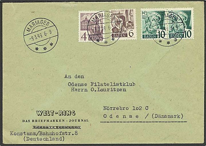 Fransk Zone - Baden udg. på brev fra Konstanz annulleret med dansk stempel Mariager d. 9.3.1949 til Odense. På bagsiden påskrevet: “Indgået vedklæbet andet brev” og kontor stempel Mariager Postkontor 9.3.1949.