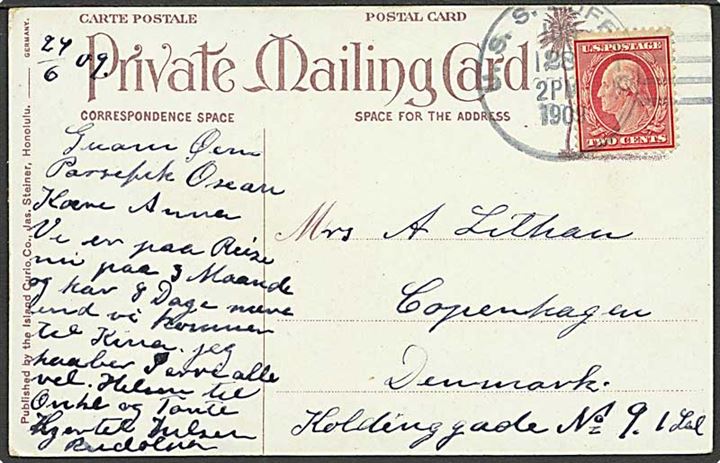 Amerikansk 2 cents på brevkort dateret Guam og stemplet USS Buffalo d. 28.6.1909 til København. Fra dansk-amerikaner ombord på flåde transportskib i Stillehavet. Tekst skrevet på dansk.