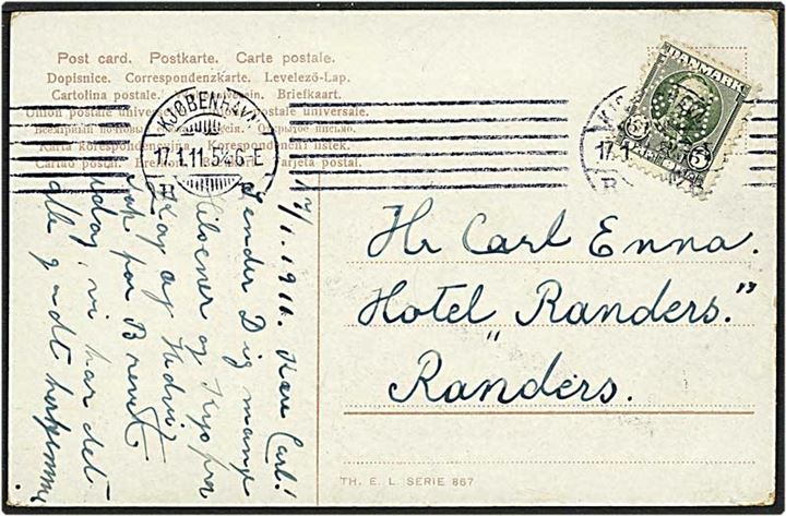 5 øre grøn Fr. VIII på postkort fra København d. 17.1.1911 til Randers. Mærket med perfin A21. Postkort til repræsentanten!