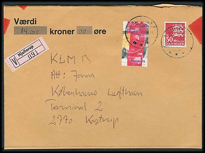 5 kr. Arbejdsmarked og 50 kr. Rigsvåben på værdi brev fra Hjallerup ca. 1998 til Københavns Lufthavn, Kastrup. På bagsiden rødt forseglingstape.