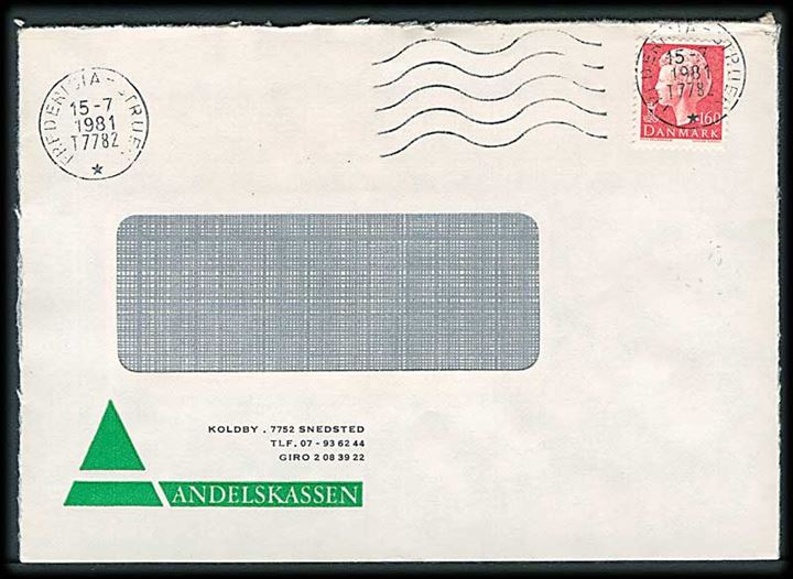 1,60 kr. Margrethe på rudekuvert fra Snedsted annulleret med bureau maskinstempel Fredericia - Struer T.7782 d. 15.7.1981.