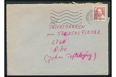 2,80 kr. Margrethe på brev fra Rødding annulleret med reserve bureau maskinstempel Jernbanepostkontor 2 T.993 d. 27.3.1987 til Ribe. Revet på bagsiden.