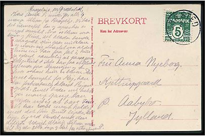 5 øre Bølgelinie på brevkort fra Raageleje annulleret med lapidar Græsted d. 21.7.(ca. 1912) til Aabybro. Sen anvendelse af lapidar stempel.