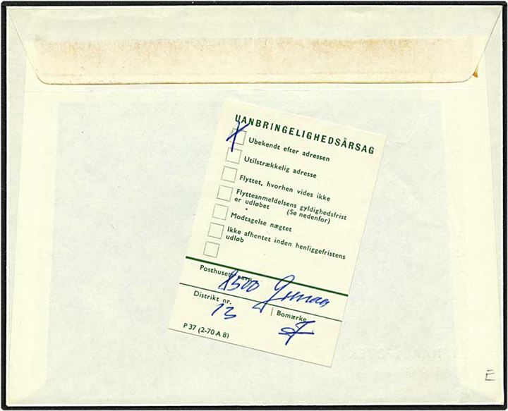 70 øre rød bølgelinie på lokalt brev fra Grenå d. 2.12.1972. Ubekendt efter adressen og returneret. 8500 Grenå liniestempel.