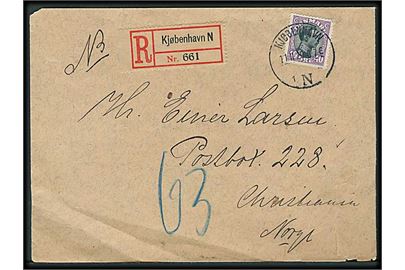 40 øre Chr. X single på anbefalet brev fra Kjøbenhavn d. 11.11.1920 til Christiania, Norge. Mindre hjørneskade.