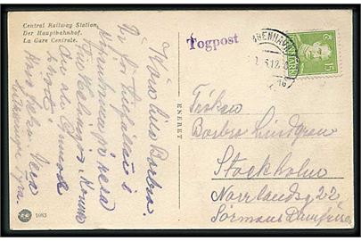 15 øre Chr. X på brevkort (Københavns Hovedbanegård) stemplet København d. x.9.1946 og sidestemplet Togpost til Stockholm, Sverige.