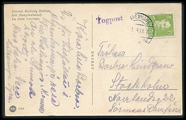 15 øre Chr. X på brevkort (Københavns Hovedbanegård) stemplet København d. x.9.1946 og sidestemplet Togpost til Stockholm, Sverige.