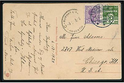 10 øre Bølgelinie og 15 øre Chr. X på brevkort fra Hornbæk d. 6.12.1924 til Chicago, USA. Fejlsendt til Sydamerika og transit stemplet Buenos Aires, Argentina d. 9.1.1925.