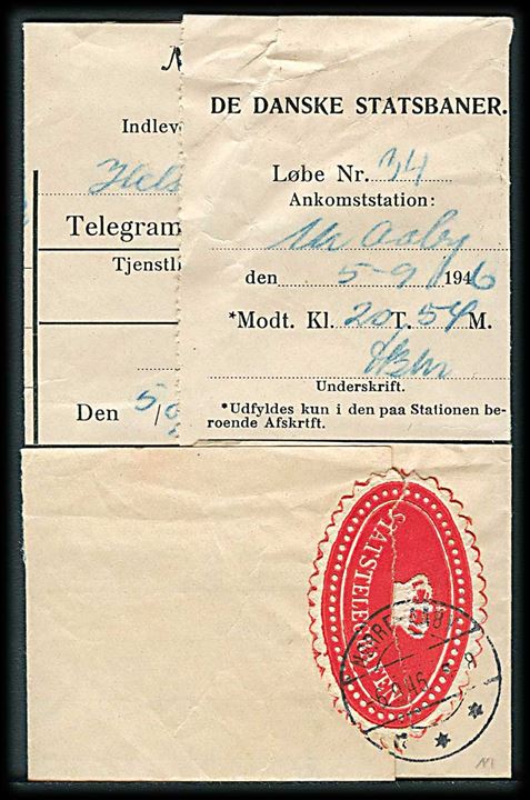 De danske Statsbaner telegramformular med meddelelse fra Helsingfors d. 5.9.1946 til Nørre AAby. Påskrevet Forsøgt udlev. og frankeret med 1 øre, 2 øre (par) Bølgelinie og 10 øre Chr. X stemplet Nørre Aaby d. 6.9.1949 til Nørre Aaby.
