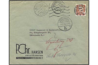 30 øre rød Fr. IX på brev fra Nykøbing F. d. 13.11.1956 til København. Brevet omadresseret.