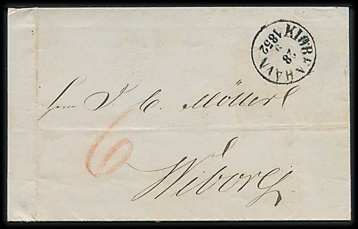 1852. Ufrankeret portobrev med antiqua Kjøbenhavn d. 28.9.1852 til Viborg. Påskrevet 6 skilling porto.
