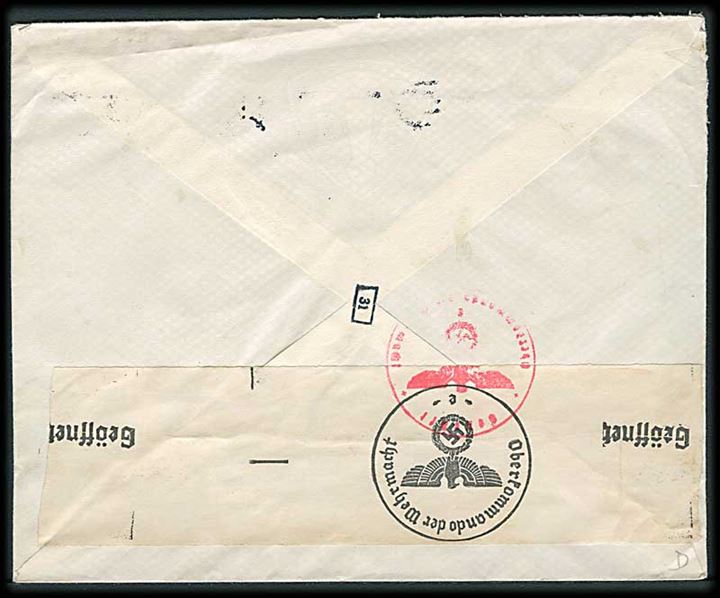 40 øre Vitus Bering på fortrykt Røde Kors kuvert fra København d. 29.1.1943 til Int. Røde Kors i Genéve, Schweiz. Åbnet af tysk censur