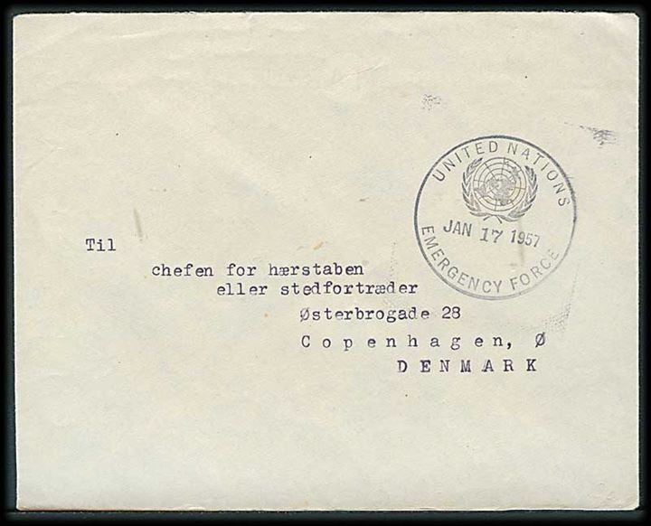 Ufrankeret FN-brev stemplet United Nations Emergency Force d. 17.1.1957 til København, Danmark. Fra oberstløjtnant Engholm, chef for den danske bataljon DANOR Bn, UNEF i Egypten. 