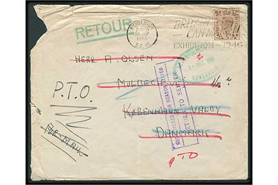 Engelsk 5d George VI på brev fra dansk frivillig soldat i Woolwich d. 20.9.1946 til København, Danmark. Retur som ubekendt og eftersendt til soldaten ved Draft 26/9 R.A.G.R.A., M.E.F. i Mellemøsten. Revet i venstre side.