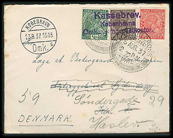 Indisk ½ a., 1 a. og 2 as. på brev fra Charing Cross d. 5.8.1937 til København, Danmark - omadresseret til Haslev med stempel: Kassebrev. Københavns Omkarteringspostkontor.