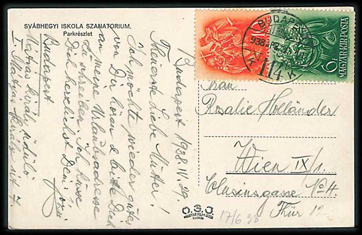 6 f. og 10 f. med perfin K.S. på brevkort fra Budapest d. 29.4.1938 til Wien, Østrig.