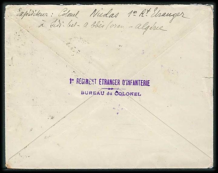 Algier 50 c. (3) på brev fra Sidi-bel-Abbes d. 9.4.1935 til Viborg, Danmark. Fra den franske fremmedlegion i Algeriet med stempel: 1er Regiment Etranger d'Infanterie / Bureau du Colonel.