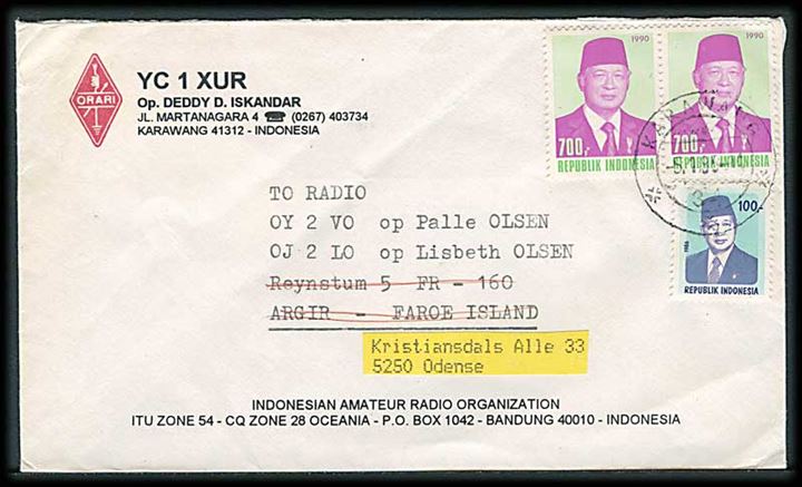 Indonesien 1500 r. på brev fra Karawang d. 5.1.1995 til Argir på Færøerne - eftersendt til Odense, Danmark.
