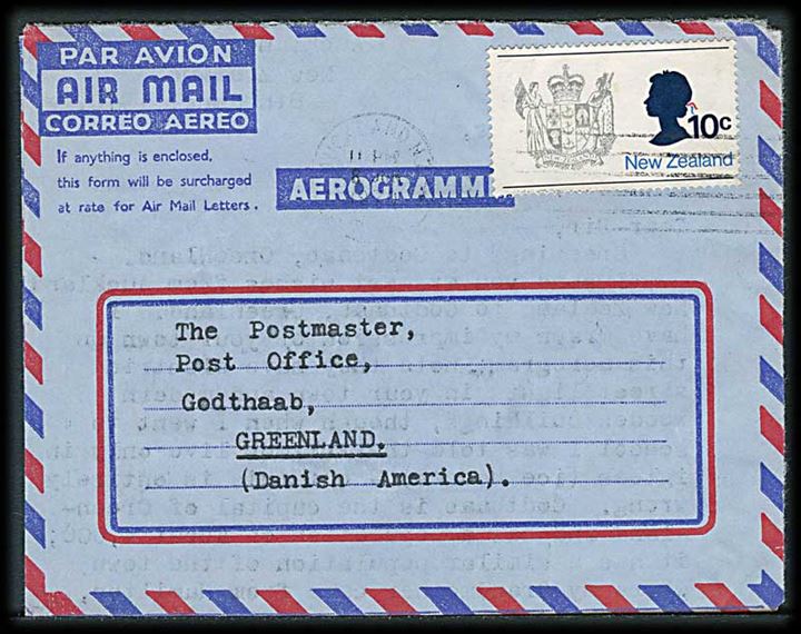New Zealand 10 c. på aerogram fra Auckland d. 8.6.1970 til Godthåb, Grønland.