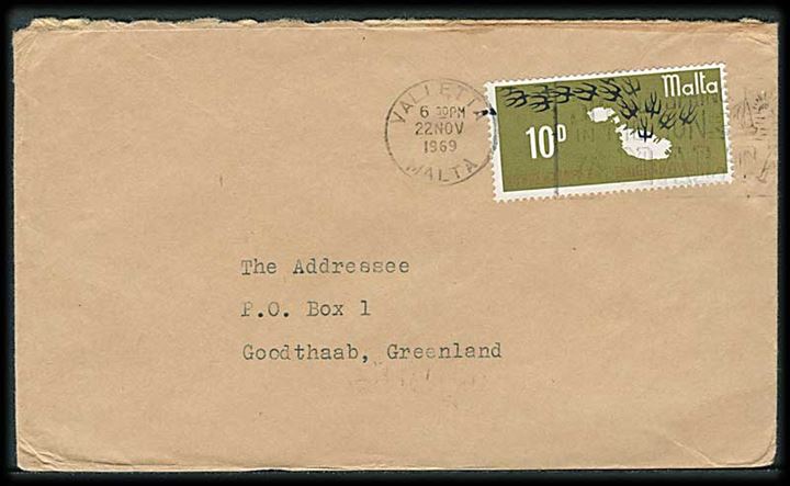 Malta 10d single på brev fra Valletta d. 22.11.1969 til Godthåb, Grønland. 