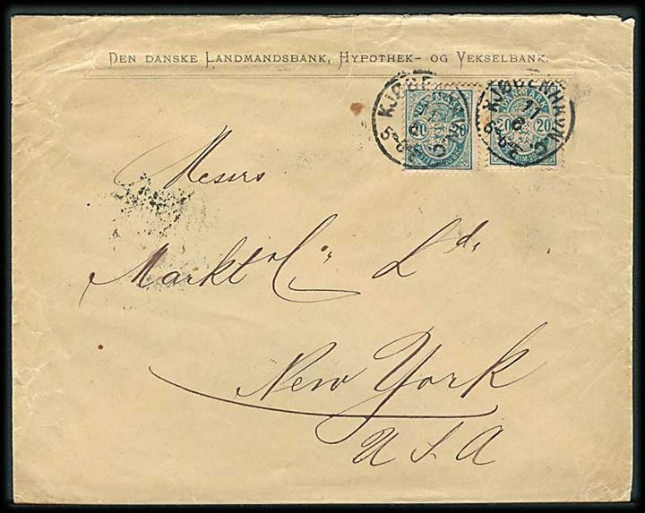 20 øre Våben (2) med perfin LB på brev fra Den danske Landmandsbank i Kjøbenhavn d. 11.6.1896 til New York, USA.