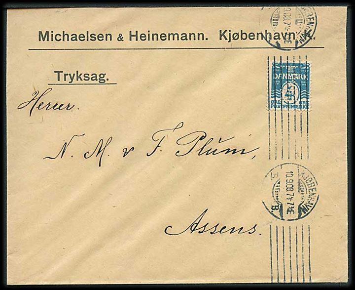 4 øre Bølgelinie med perfin M&H på firmakuvert fra Michaelsen & Heinemann sendt som tryksag fra Kjøbenhavn d. 10.9.1908 til Assens. 