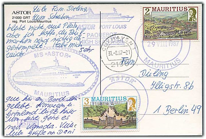 2 rup. og 3 rup. på brevkort (M/S Astor) annulleret med skibsstempel Astor Mauritius d. 29.8.1987 via Cuxhaven til Berlin, Tyskland.