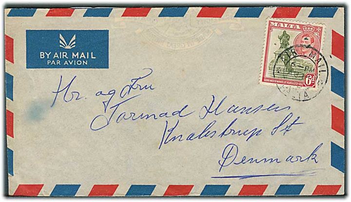 6d George VI på luftpostbrev stemplet Air Mail Malta d. 14.8.1948 til Knabstrup, Danmark. Fra sømand ombord på S/S Serampore.