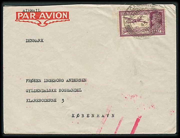 14 As. George VI på luftpostbrev fra Ootacamund d. 17.6.1947 til København, Danmark. Røde omdelingskontrol streger.