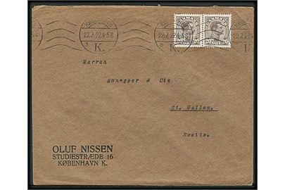 20 øre Chr. X i parstykke på brev fra København d. 22.7.1922 til St. Gallen, Schweiz.